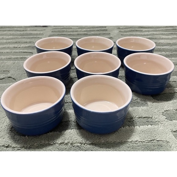 8 Le Creuset Ceramic Stoneware Ramekins Custard Baking Cups Dishes Blue 7 oz - Picture 9 of 11